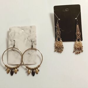 Lot of 2 Sets Earrings: Gold Toned, Hoops, Dangle